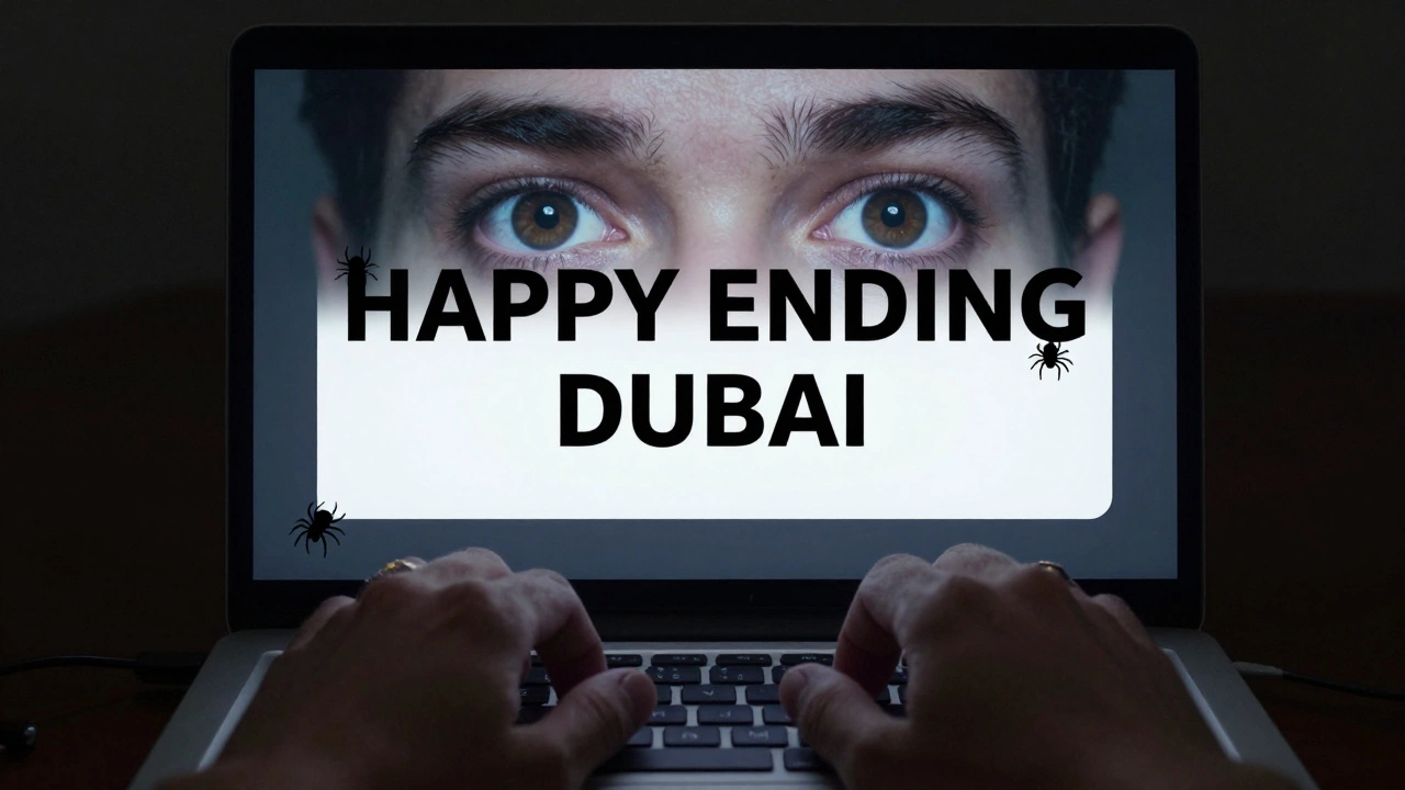 A person&#039;s hand frozen above a keyboard as a suspicious pop-up ad glows ominously on a laptop.