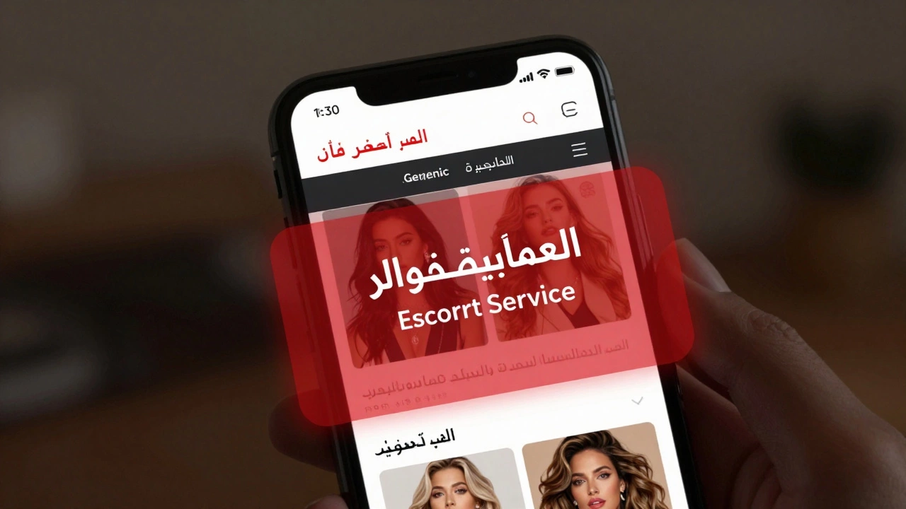 A smartphone screen displays a blurred escort service website with a red warning overlay.