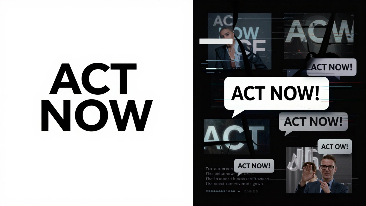 Side-by-side comparison of a clean legitimate ad and a chaotic, glitchy scam ad on a screen.