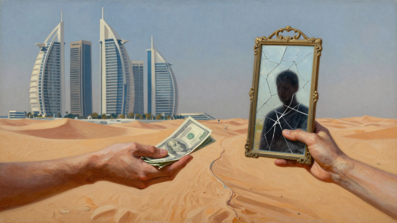 Two hands reach across a divide—one offering money, the other holding a mirror reflecting loneliness.